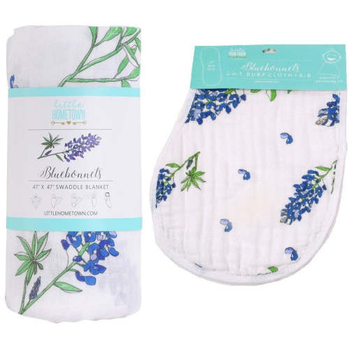 Baby Bluebonnet Muslin Swaddle Blanket & Burp Cloth/Bib Combo