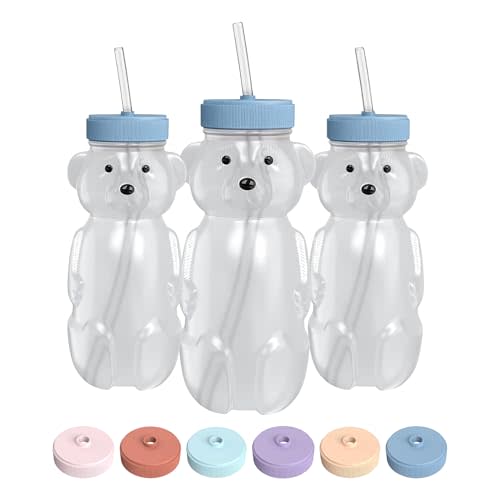 The 730 Project Honey Bear Straw Cup for Babies, 8-oz Honey Bear Cup with Lid, 3-Pack Therapy Learning Honeybear Straw Cup, Baby Honey Bear Bottle Set, Blueberry Pie BLUE