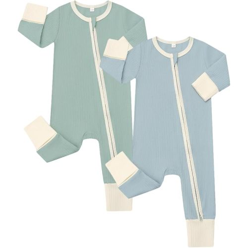 Bafeicao Baby Boy Girl 2 Pack Rompers with Mitten Cuffs, Ribbed Cotton 2 Way Zipper Romper One Piece Jumpsuits Clothes