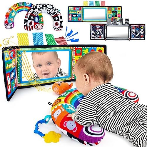 2-in-1 Tummy Time Pillow, Baby Musical Mirror Toys with Crinkle Paper & Teethers, Black and White High Contrast Baby Toys, Montessori Sensory Crawling Toys for Newborn Toddler Tummy Time Toys
