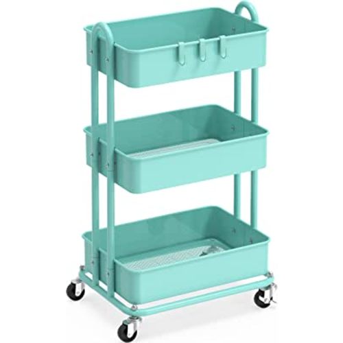 Simple Houseware Heavy Duty 3-Tier Metal Utility Rolling Cart, Turquoise
