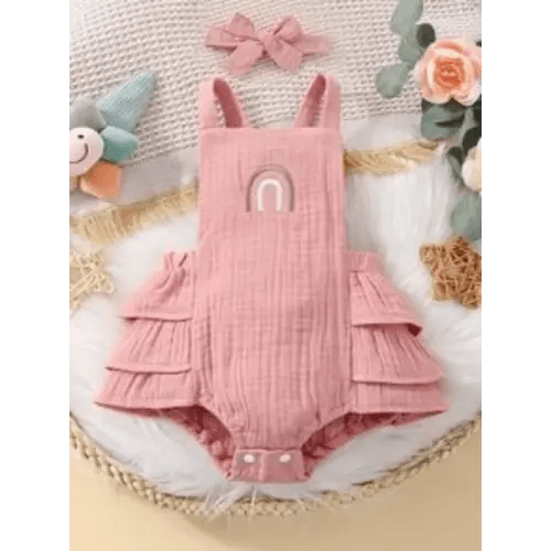 Baby Graphic Embroidery Crisscross Back Layered Hem Overall Bodysuit With Headband