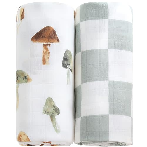 LifeTree Muslin Swaddle Blankets, Baby Neutral Swaddling Blanket for Boys Girls, Super Soft 70% Viscose from Bamboo and 30% Cotton, Large 47" x 47", Checkered & Mushroom, Newborn Baby Registry