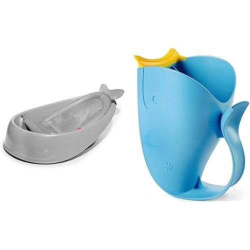 Skip Hop Baby Bath Tub, 3-Stage Smart Sling Tub, Moby, Grey & Baby Bath Rinse Cup, Moby Tear-Free Waterfall Rinser, Blue