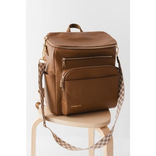 Vegan Leather Large Diaper Bag | 2 Insulated Bottle Pockets, Checkered Crossbody Strap, Stroller Straps & Changing Mat Included, Large