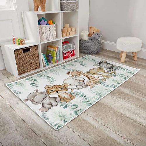 HawSkgFub Baby Toddler Boy Girl African Safari Jungle Animals Playroom Area Rug, Elephant Giraffe Lion Zebra Non Slip Nursery Play Mat Carpet, Neutral Kids Bedroom Living Room Eucalyptus Leaf Decor