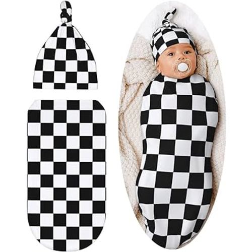 Black and White Checkered Baby Stuff Swaddle Blanket soft and Stretchy Newborn Swaddle Blankets Sack Receiving Blanket with Beanie Hat Gift for Girls and Boys Infant