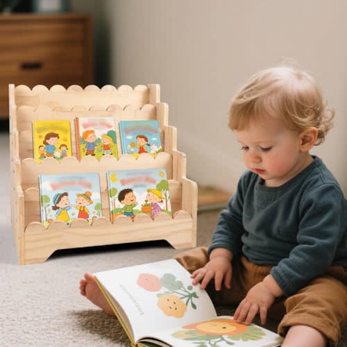 5 Tier Small Wooden Scalloped Shelf for Toddler 1-5 Years, Kids Bookshelf Children Montessori Bookshelf, Durable Baby Toddler Bookcase for Nursery Playroom, 16.9*11.4*15.7"