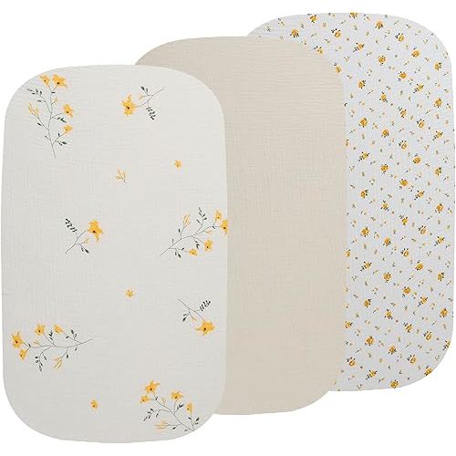 Onacosht Muslin Bassinet Sheets 3 Pack, 100% Cotton Baby Fitted Sheet 33" X 17" for Standard Rectangle Round Oval and Hourglass Bassinet Mattress, Leaf and Floral Beige