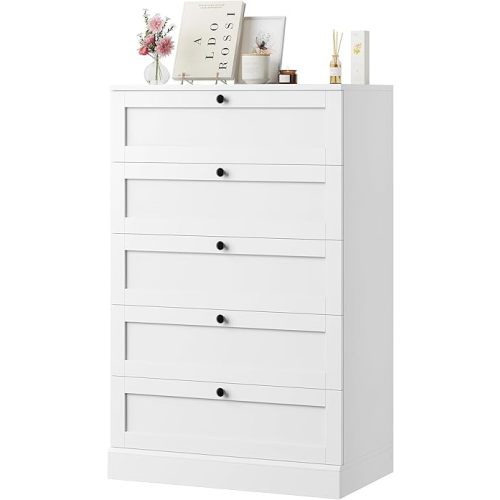 HOSTACK 5 Drawer Dresser for Bedroom, 43.7" Tall Dresser & Chest of Drawers, 29" W Drawer Chest with Metal Handles, Wood Vertical Storage Cabinet for Living Room, Hallway, Entryway, White