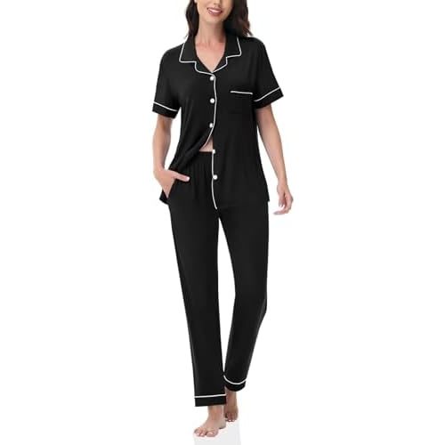 Womens Modal Pajama Set 2 Piece Soft Lounge Set Short Sleeve Button Up Pajama Comfy Pj Pants With Pockets S-3XL