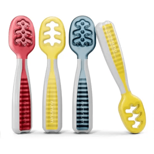 NumNum Baby Spoons Set, Pre-Spoon GOOtensils for Kids Aged 6+ Months - First Stage, Baby Led Weaning (BLW) Spoon - Self Feeding, Silicone Toddler Food Utensils - 4 Spoons, Primary Colors