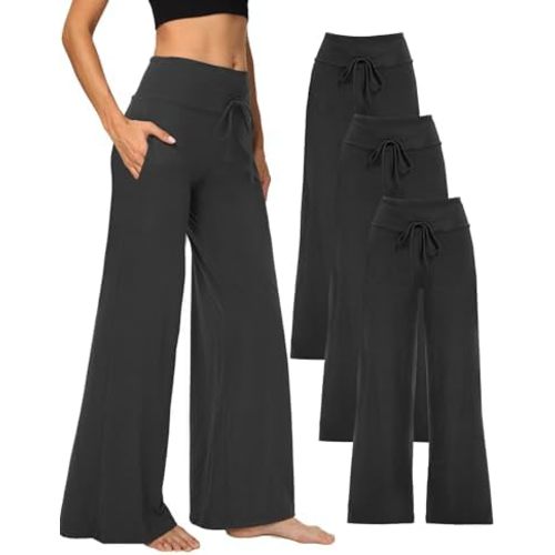 Showitty 1/3 Pack Women's Wide Leg Pants with Pockets, Casual Loose Pajama Palazzo Trousers Sweatpants for Yoga Lounge