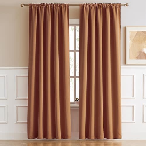 DUALIFE Retro Brown Orange Curtains 90 Inches Long, Vintage Brown Curtain Drapes Back Tab and Rod Pocket Curtain Panels for Bedrooom Living Room Dark Oak