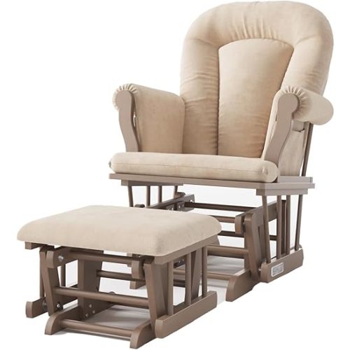 Child Craft Cozy Glider Rocker and Ottoman Set, Padded Cushion with Convenient Storage Pockets, Solid Wood Base & Frame (Dusty Heather with Beige Cushion)