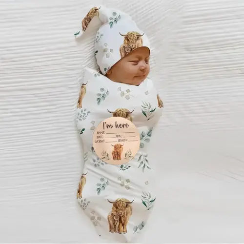Ylsteed Highland Cow Baby Swaddle Blanket and Headband Set, Newborn Receiving Blanket Swaddle Wrap for Girls and Boys, Swaddling Blanket Neutral for Newborn,Soft and Skin-Friendly (Highland Cow)