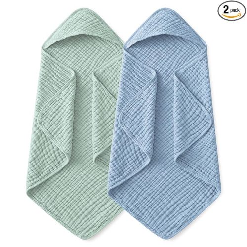 Yoofoss Hooded Baby Towels for Newborn 2 Pack 100% Muslin Organic Cotton Baby Bath Towel with Hood for Babies, Infant, Toddler and Kids, 37.5"x37.5", Soft and Absorbent Newborn Essential,Blue&Green