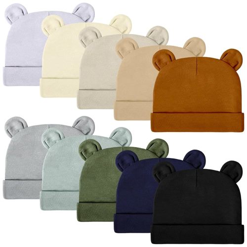 Toulite 10 Pcs Newborn Baby Hat Bear Ears Infant Caps Girl Cotton Newborn Hospital Hat Solid Color Boys Preemie Soft Toddler Beanie for 0-6 Months Baby Autumn Winter