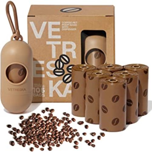 VETRESKA Dog Waste Bag Dispenser with Coffee Scent - Leak Proof, Extra Thick Pet Waste Bags - 1 Bag Holder, 105 Bags (7 Refill Rolls) for Dogs and Cats