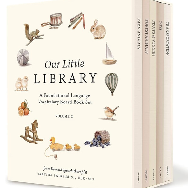Our Little Library: A Foundational Language Vocabulary Board Book Set for Babies, Including Farm & Forest Animals, Fruits & Veggies, Toys & More (Tabitha Paige Children's Book Series)