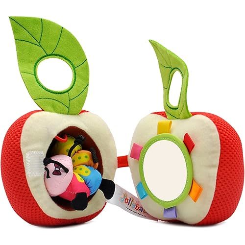Jollybaby Newborn Plush Stuffed Fruit Rattle Toy for Stroller Car Seat Crib, Montessori Sensory Plush Apple Toy with Rattle and Mirro Toy for Baby 0-6-12 Months, Infant Baby Boy & Girl Shower Gift