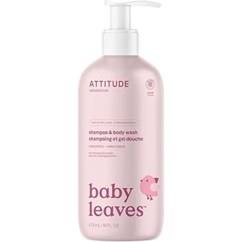 ATTITUDE Baby 2-in-1 Shampoo and Body Wash, Made in Canada, EWG Verified, Dermatologically Tested, Vegan, Unscented, 473 mL