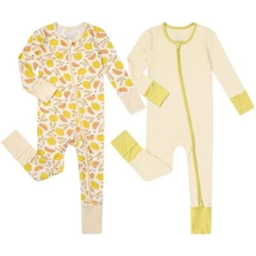 Teach Leanbh Unisex Baby 2 Pack Bamboo Viscose Pajamas with Mittens and Feet Cuffs 2 Way Zipper Long Sleeve Romper