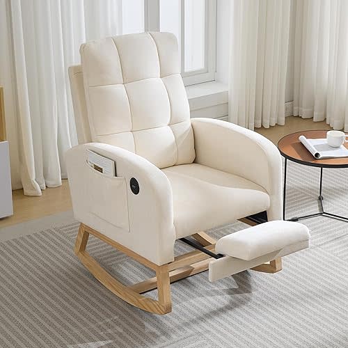 Chair with Nursery Rocking Chair - Linen Upholstered Glider Rocker with Side Pocket, Footrest, High Back Nursing Chair with Wood Legs, Modern Accent Armchair for Living Room, Bedroom