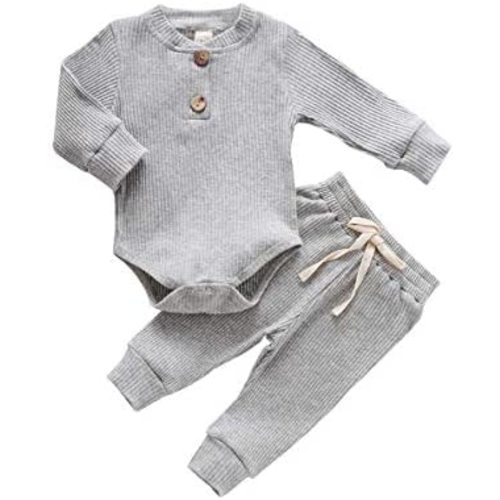 Newborn Baby Boy Girl Clothes Ribbed Knitted Cotton Long Sleeve Romper Long Pants Solid Color Fall Winter Outfits