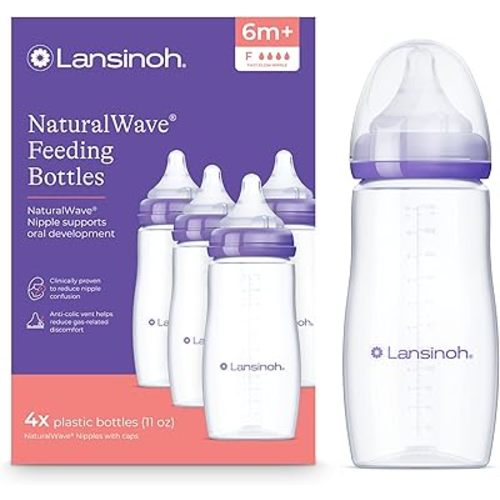 Lansinoh Anti-Colic Baby Bottles for Breastfeeding Babies, 8 Ounces, 4 Count, Includes 4 Medium Flow Nipples, Size M