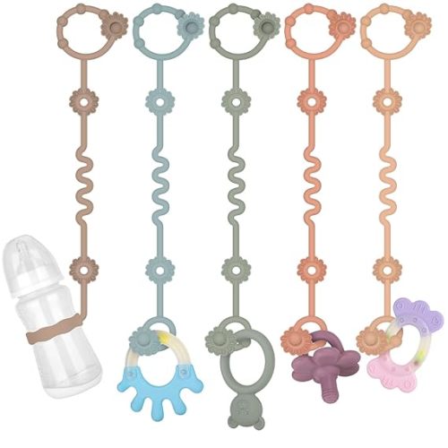 5 Pcs Toy Straps for Baby, Adjustable Stroller Accessories Toy Holder, Prevent Drop Silicone Pacifier Clip, Baby Travel Essential Applicable Sippy Cup (Sage+Ether+Muted+Apricot+Light Grey) - Sage+Ether+Muted+Apricot+Light grey