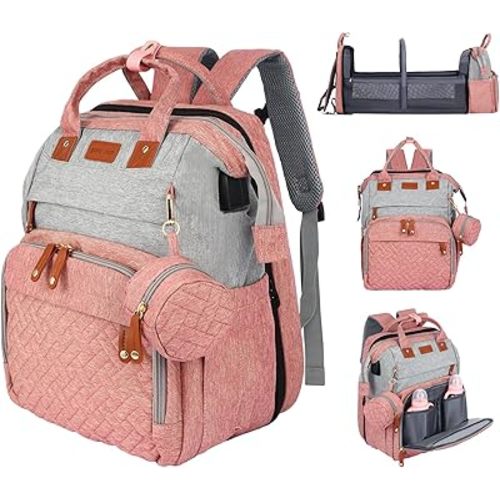 JOYCE Diaper Bag Backpack, with Changing Table Backpack, 900D Oxford Cloth, Large Capacity Diaper Backpack, 3 in 1 Multifunctional Travel Baby Diaper Backpack (pinkish gray)