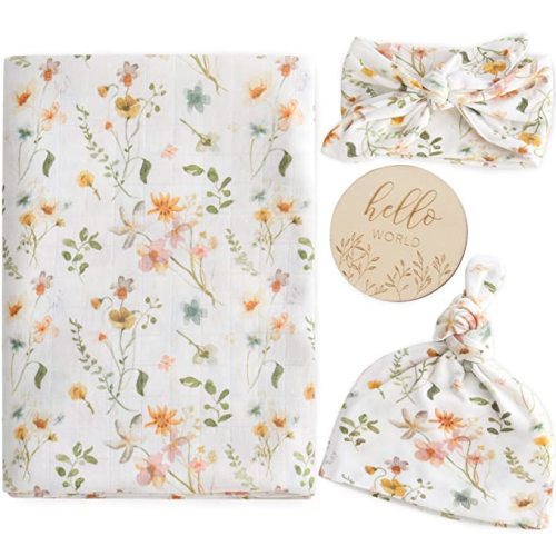 LifeTree Newborn Swaddle Set with Matching Hat and Bow Set, Wooden Birth Announcement Card, Floral Baby Girl Newborn Receiving Blankets Baby Swaddle Nursery Wildflower Baby Blanket - Floral Motif