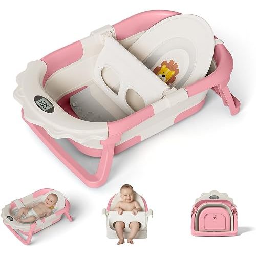 MoreFeel Bañera plegable para bebé con termómetro – 4 en 1 Grow-with-Me – Tina infantil plegable (recién nacido a niño pequeño) con arnés de malla ajustable – Diseño que ahorra espacio