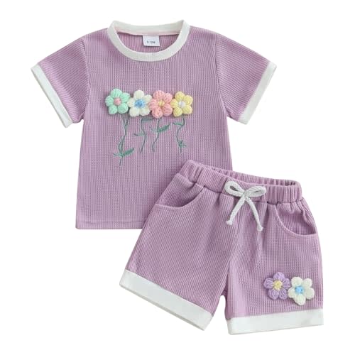 Afunbaby Toddler Baby Girl Clothes Waffle Knit Embroidered Short Sleeve Shirt Shorts Cute Boho Summer Outfit Clothing Set