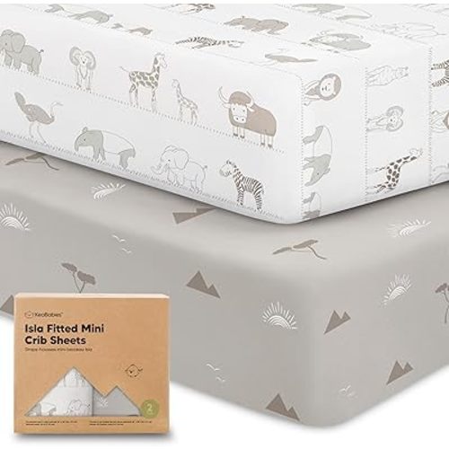 Pack and Play Sheets Fitted - 2-Pack Mini Crib Sheets for Pack N Play Mattress 38x26, Soft & Cozy, Neutral Toddler Playard Bedding, Snug Fitted Mini Baby Crib Mattress Cover Boy, Girl (Savannah)