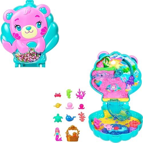 Polly Pocket Dolls and Playset, Glitter Island Compact, Travel Toy with 1 Micro Mermaid Doll, Ocean Pets & Themed Accessories