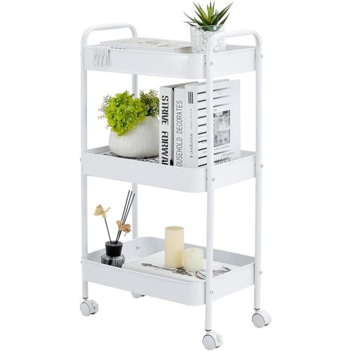 3 Tier Metal Rolling Storage Cart with Lockable Wheels Bathroom Cart Organizer Laundry Room Organizer Utility Cart Mobile Shelving Unit Multi-Functional Shelves for Office, Kitchen, Bathroom, White
