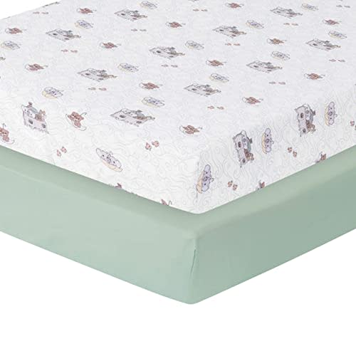 Precious Moments Noah’s Ark Fitted Crib Sheet 2 Pack for Baby Boy by Everyday Kids; 1 Animals on the Ark Printed Crib Sheet and 1 Solid Bright Green; Adorable Wildlife Elephants, Giraffes, Bears Print