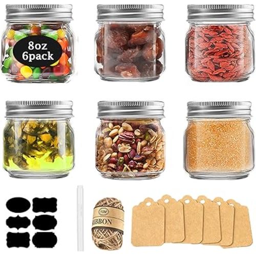 Rainforce Mason Jars 8oz with Silver Lids 6 Pack– Small Glass Jars with Lids, Wide Mouth Half Pint Canning for Food Storage, Jam, Honey, Spice, Candle, Overnight Oats & DIY Projects
