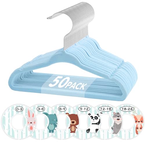 VIS'V Baby Hangers, 11 Inch Velvet Kids Hangers with 6 Pcs Clothes Size Dividers, Infant Toddler Nursery Closet Organization, Non Slip, Blue, 50 Pcs