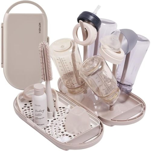 MOTHER-K Travel Baby Bottle Drying Rack Set - Baby Bottle Cleaner Kit with Cleanser and Mini Silicone Bottle Brush, Portable Bottle Drying Rack for Home and Travel (Cream Mocha)
