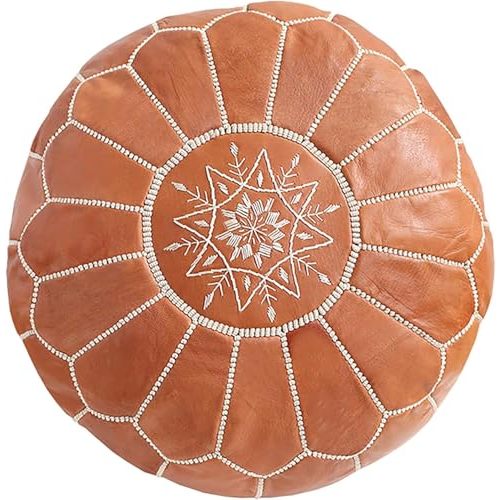 OTTOMANMARRAKECH Unstuffed Genuine Round Leather Pouf | Moroccan Ottoman Footstool, Footrest Cover | Super Soft Handmade Ottoman Faux Comes in 20" D x 20" W x 14" H