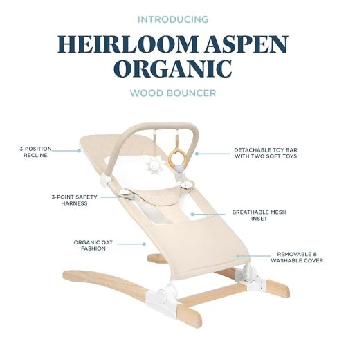 Baby Delight Heirloom Aspen Wooden Baby Bouncer | Infant Baby Chair | 0 – 6 Months | 100% GOTS Certified Cotton Fabrics | Organic Oat