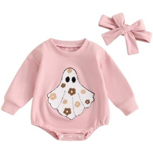 Lamuusaa Newborn Baby Girl Halloween Outfit Ghost Embroidery Sweatshirt Romper Oversized Sweater Headband Fall Clothes