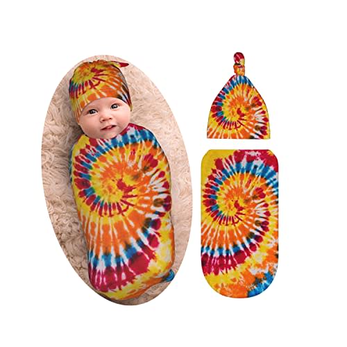 Tie Dye Colorful Rainbow Baby Swaddle Blanket & Beanie Set, Soft & Stretchy Baby Blanket Swaddle Sack for Boy & Girl