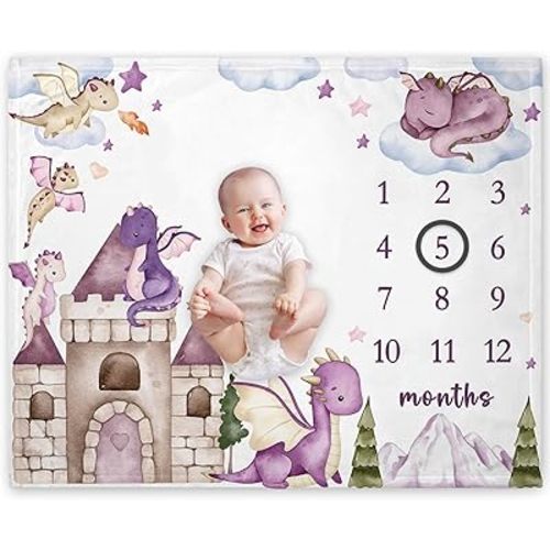 Yuzioey Dragon Girl Milestone Blanket, Dragon Fairy Tale Baby Growth Chart Monthly Blanket, Watch Me Grow Purple Dragon Baby Nursery for New Moms Baby Shower(50"x40")