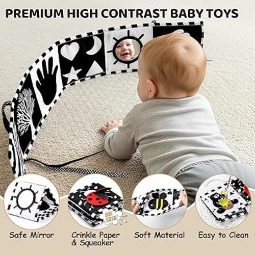 3PCS High Contrast Black & White Baby Toys - Tummy Time Mirror Infant Toys with Crinkle Cloth and Teether, Visual Stimulation Sensory Books for Newborns 0 3 6 12 Months, Shower Gift, Stocking Stuffers