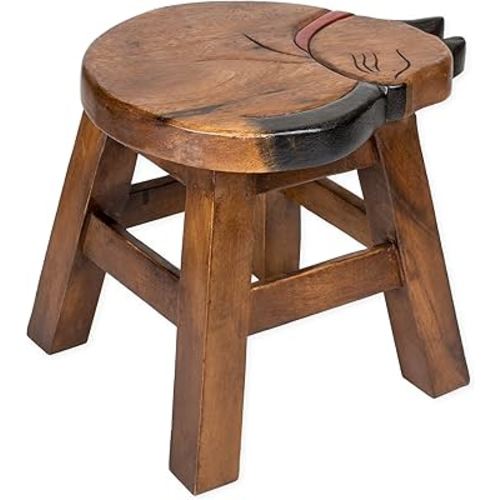 Sea Island Imports Sleepy Kitty Design Hand Carved Acacia Hardwood Decorative Short Stool