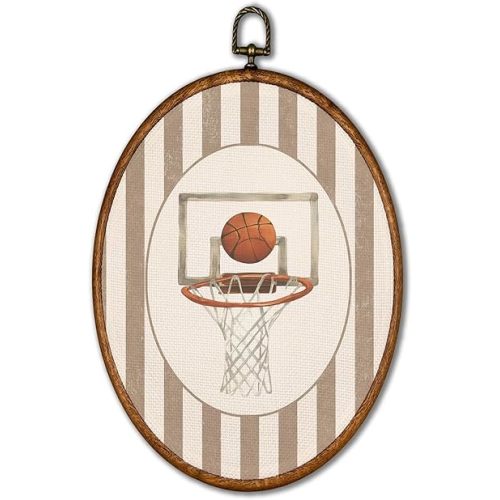 KSDUT Vintage Basketbal Wall Art Decor - Retro Sports Beige Stripes Wall Art Canvas Frame Hanging Prints, Nursery Sports Gallery Oval Artwork Decor for Home Bedroom Decorations 8.6"x11.4"